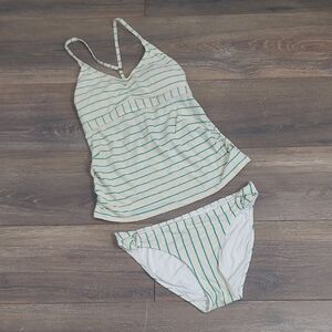 La Vie En Rose Aqua 2pc Tankini Ivory Green Strips Size Meduim